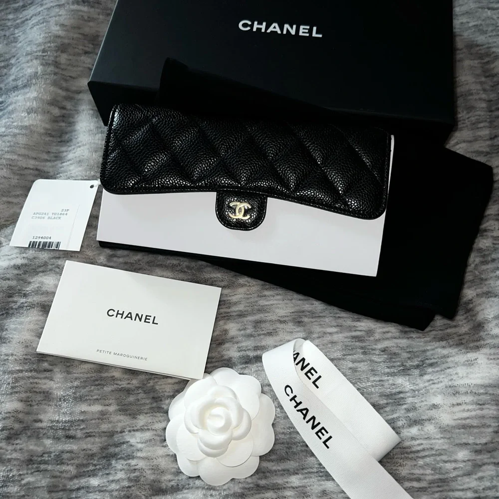 CHANEL LONG CLASSIC FLAP WALLET CAVIAR SKIN CC LOGO